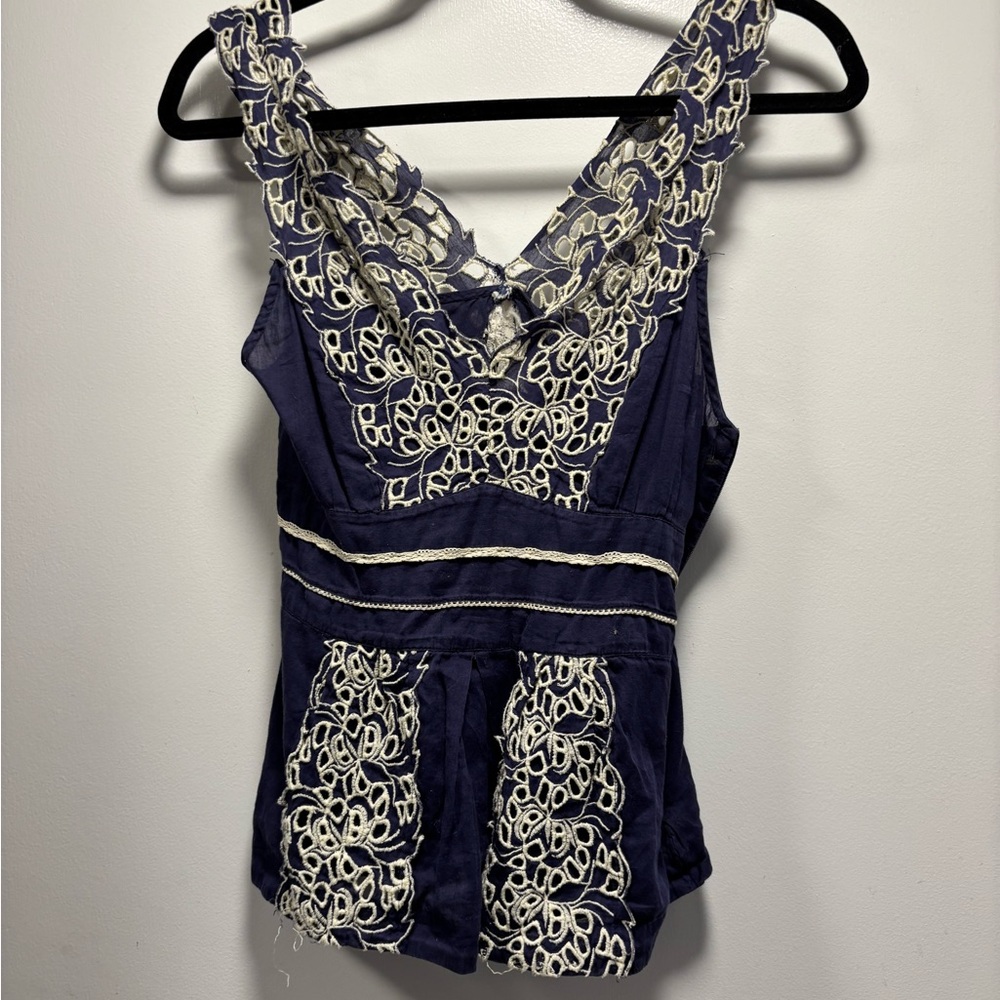 Elegant Navy Blue Lace Trimmed Women's Top